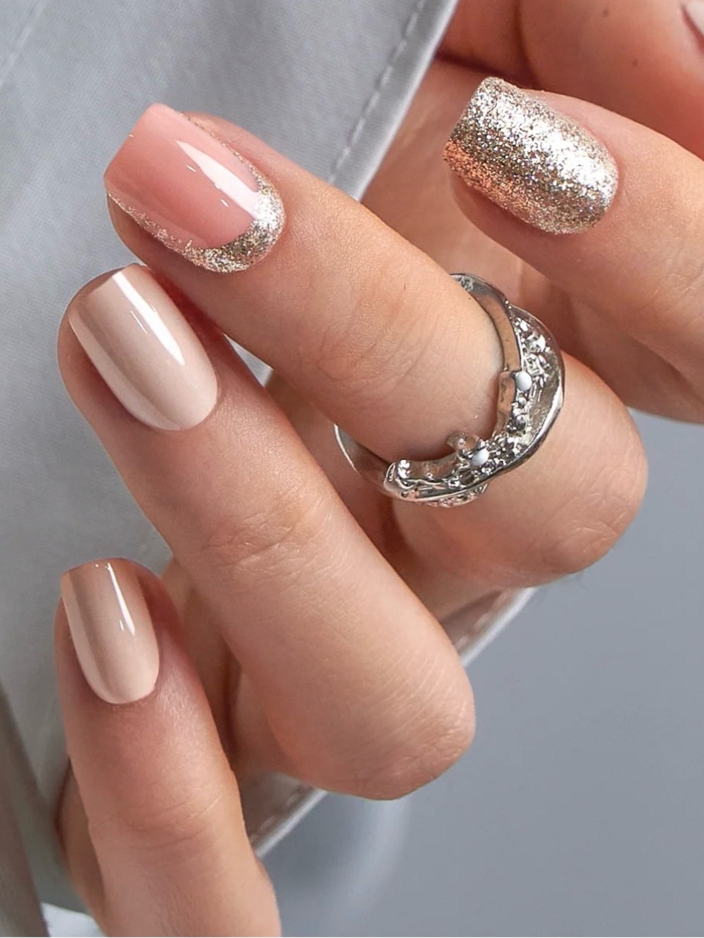 Nude & Gold Glitter Press-On Nails for Women